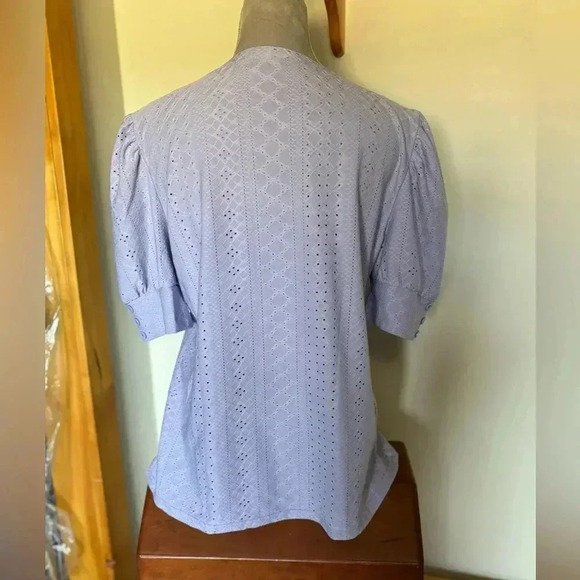 Lavendar eyelet top with buttons detailed on sleeve. Worn 2x.  Smoke free home. - Picture 4 of 5